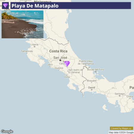 A map showing the location of Playa De Matapalo in Costa Rica with a photo of the beach on the upper left corner.