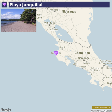 An inset photo of a sandy beach with trees at Playa Junquillal overlaid on a map of Costa Rica highlighting its geographical location with nearby major cities labeled.