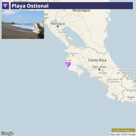 A split image with the left side showing a beach scene from Playa Ostional with waves, dark sand, and driftwood, and the right side displaying a Google map of Costa Rica highlighting the location of Playa Ostional with a purple marker.