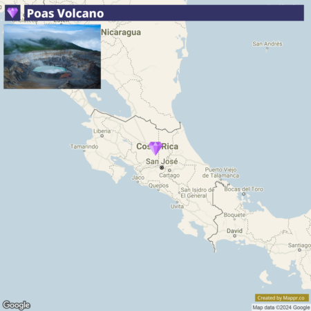 A map highlighting Poas Volcano in Costa Rica with a small inset image of the volcano's crater. Major cities and borders are also visible.