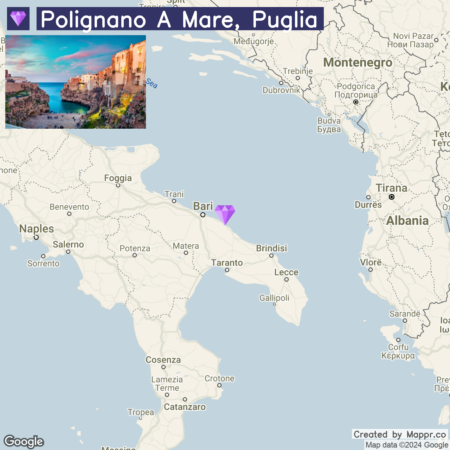 An infographic featuring a map focused on the southern part of Italy with a marker indicating Polignano a Mare, Puglia, and an inset photograph in the upper left corner capturing the scenic coastal view of Polignano a Mare at sunset.