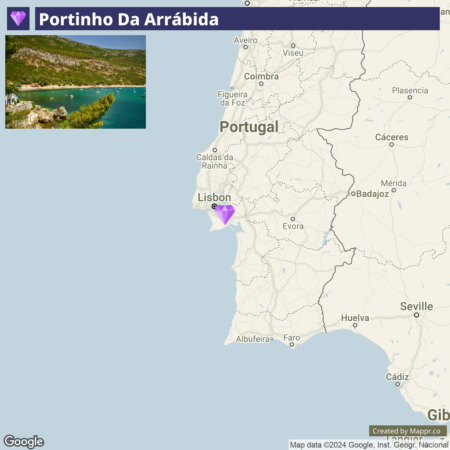 A split-image with a top photo of a coastal area labeled "Portinho Da Arrábida" and below a partial map of Portugal highlighting the region near Lisbon with a purple map pin.