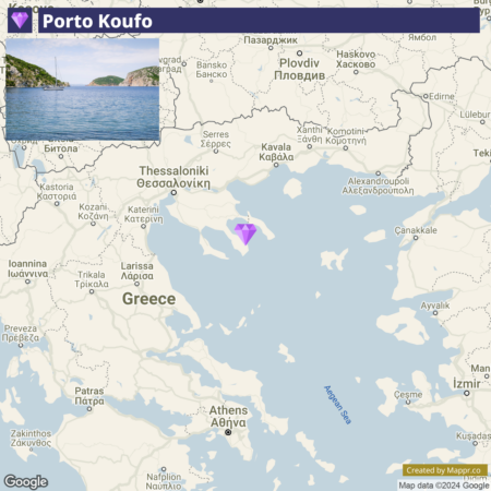 An overlaid image of a coastal landscape on a map showing the location of Porto Koufo in Greece, with nearby cities and geographic features labeled.