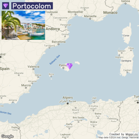 A map highlighting the location of Portocolom with a diamond-shaped icon near Palma on the island of Mallorca in the Balearic Sea. Two inset photos on the top show scenic views of Portocolom: one with palm trees and buildings by the waterside, and the other with boats on clear water. "Created by Mapprr.co" is indicated at the bottom.