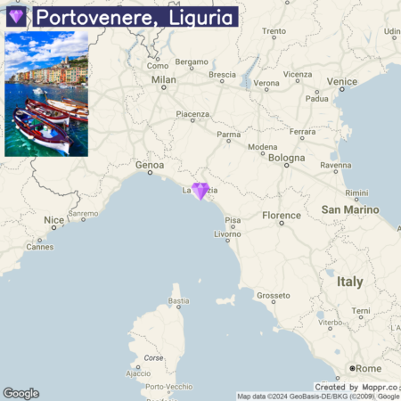 An image featuring a map of Italy highlighting the location of Portovenere in Liguria, with an inset photo showing colorful buildings along a coastline and boats in the water.