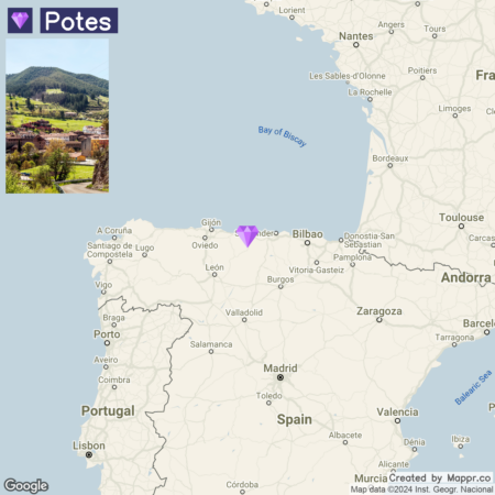 A Google map highlighting the location of Potes in Spain, with an inset photo of the town and surrounding hills in the upper left corner.