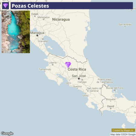 Map showing the location of Pozas Celestes in relation to Nicaragua and Costa Rica with an inset image of a blue water pool surrounded by rocks.