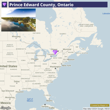 A map highlighting Prince Edward County in Ontario, Canada, with a small inset photo of a waterfront scene in the overlay title area. Major North American cities and regional boundaries are also marked on the map.