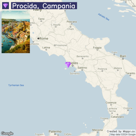 A map highlighting the location of Procida in the Campania region of Italy, with an inset photograph showcasing the colorful coastal architecture of the island.