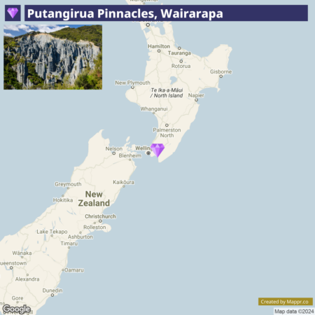 Map showing the location of the Putangirua Pinnacles in Wairarapa, New Zealand, indicated by a purple marker, with a top-left inset photo featuring the rugged limestone formations of the Pinnacles.