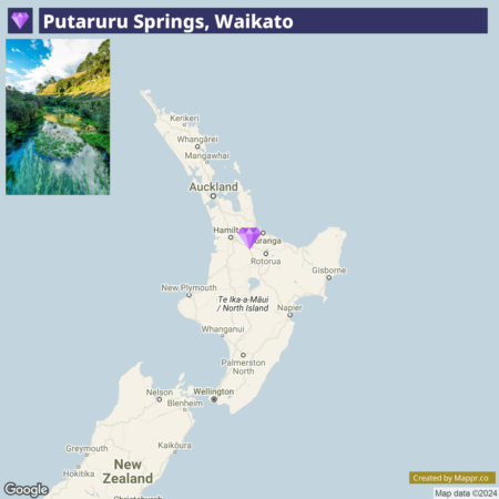 A map of the North Island of New Zealand highlighting Putaruru Springs in Waikato with an overlay picture of the springs in the upper left corner. Major cities such as Auckland, Hamilton, and Wellington are also marked on the map.