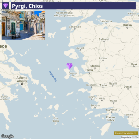 A map highlighting the location of Pyrgi, Chios, with the Aegean Sea and various Greek islands and cities labeled, and an inset image in the top left corner displaying a street view of Pyrgi with characteristic geometric patterns on the buildings.