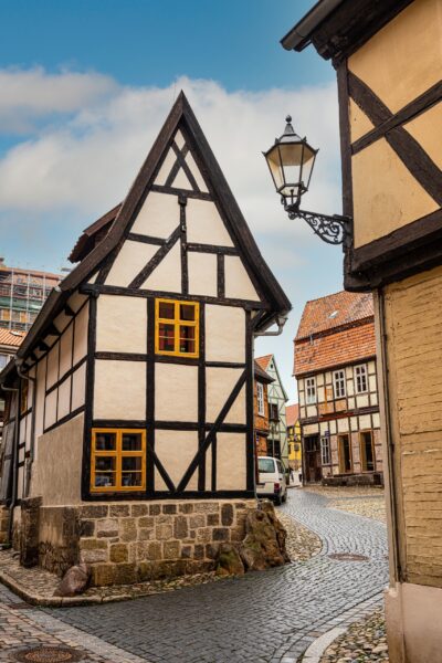 Cobblestone Street with Half-Timbered Houses Quedlinburg's medieval streets