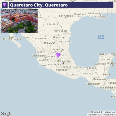 Map highlighting Queretaro City, Queretaro, in Mexico, with an inset picture showing an aerial view of the city's historic buildings and greenery.