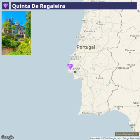 An image showcasing a snippet of a map highlighting the location of Quinta da Regaleira near Lisbon, Portugal, with an inset photo featuring the gothic architecture of the Quinta surrounded by lush greenery.