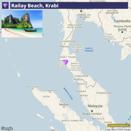 An image featuring a photo of Railay Beach with a traditional longtail boat on white sand and towering limestone cliffs in the background, placed next to a map of Thailand highlighting Krabi's location with a marker.