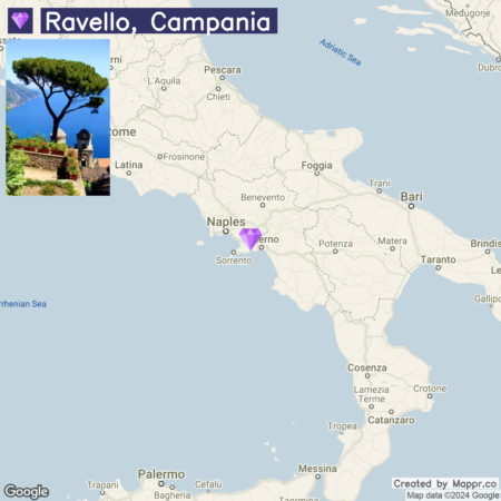 Alt text: A combined image showing a top section with "Ravello, Campania" text and a scenic coastal view with a prominent tree, and a lower section displaying a map highlighting Ravello's location near Naples in the Campania region of Italy.