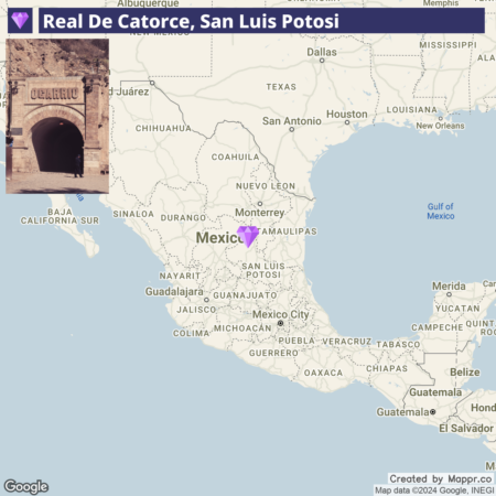 A map showing the location of Real de Catorce, San Luis Potosi, in Mexico, indicated by a violet marker, with an inset photo of a stone entrance with the word "OCALICO" above the archway.