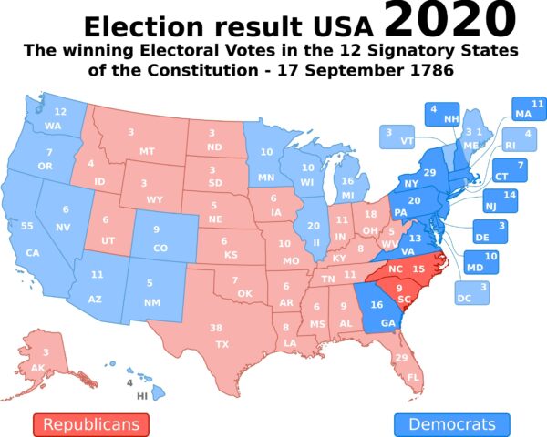 A color-coded map showing the election results in the USA for 2020, with states won by Democrats in blue and Republicans in red, including the number of electoral votes each state contributes.