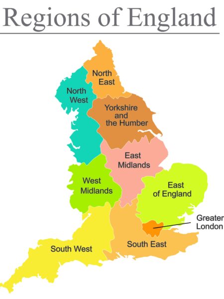 A color-coded map displaying the regions of England, with each region labeled in black text: North West, North East, Yorkshire and the Humber, East Midlands, West Midlands, East of England, South West, South East, and Greater London highlighted with an arrow.