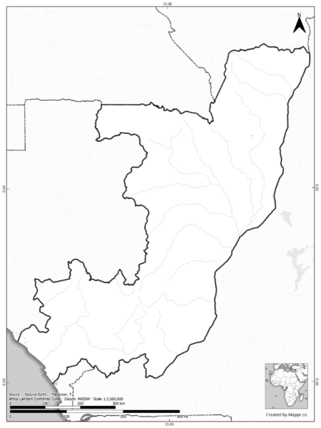 Blank black and white map of Republic of the Congo with borders and no labels.