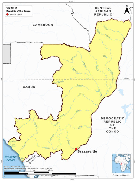 Map highlighting Brazzaville , the capital of Republic of the Congo, with country borders, in color.