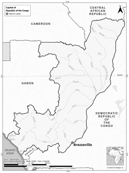 Black and white map highlighting Brazzaville , the capital of Republic of the Congo.