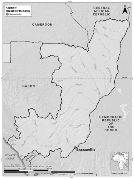 Black and white map of Republic of the Congo highlighting Brazzaville  as the capital, with neighboring countries.