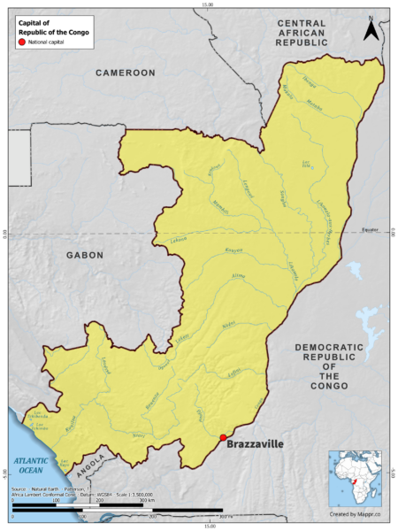 Map highlighting Brazzaville , the capital of Republic of the Congo, with surrounding countries and geographical features, in color.