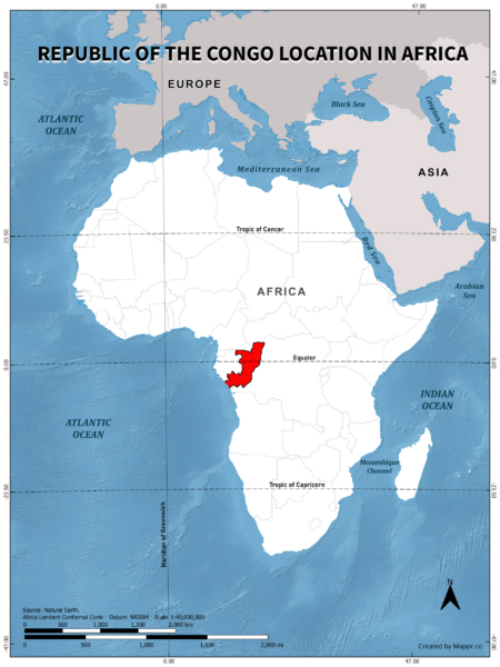 Republic of the Congo location on world map, color version.