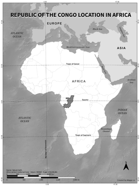 Republic of the Congo location on world map, black and white version.