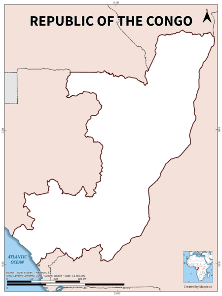 Outline map of Republic of the Congo with country borders in color.