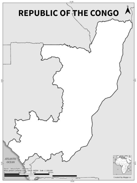 Black and white outline map of Republic of the Congo, showing the country's borders.