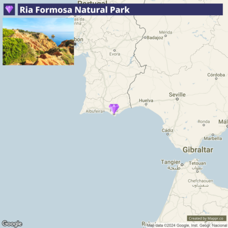 A digital map showing the location of Ria Formosa Natural Park in southern Portugal, highlighted with a purple marker near the city of Faro, with a small thumbnail image of a coastal landscape in the corner.