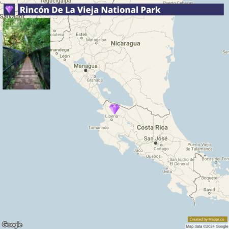 An infographic featuring a map highlighting Rincón de la Vieja National Park in Costa Rica, with an inset picture of a wooden footbridge in a lush forest setting.