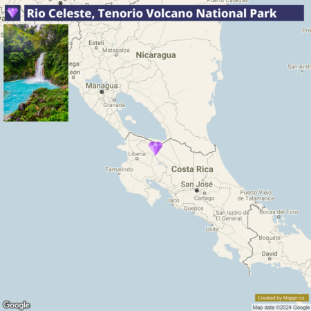 Map showing the location of Rio Celeste in Tenorio Volcano National Park, Costa Rica, with an inset photo of the Rio Celeste waterfall.