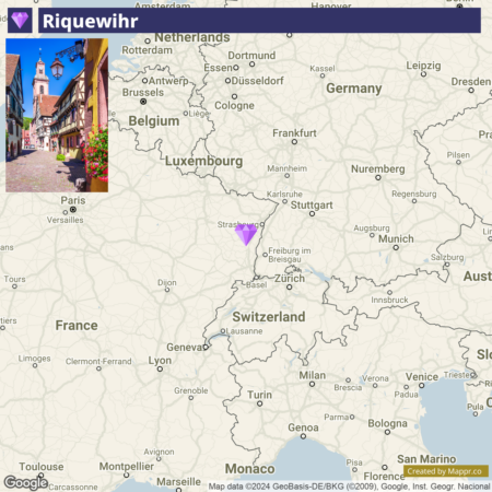 A map showing the location of Riquewihr in the context of surrounding European countries and major cities, with an overlaid street view image of a traditional half-timbered building in Riquewihr.