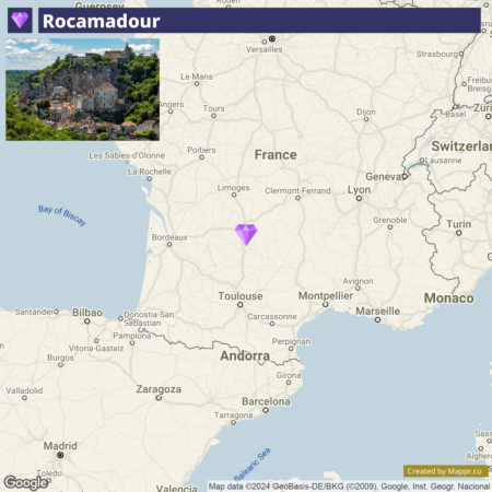 A map highlighting the location of Rocamadour in France with a purple marker. The inset in the top left corner shows a photo of the historic cliffside buildings of Rocamadour.