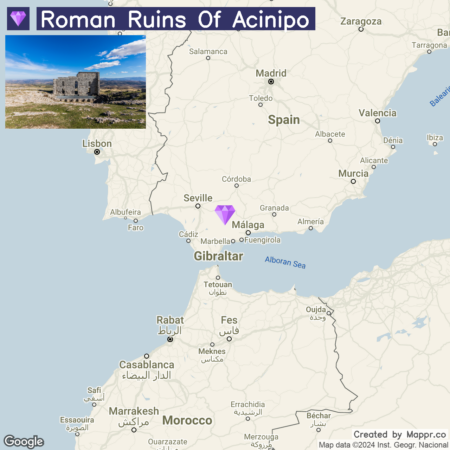 Map highlighting the location of the Roman Ruins of Acinipo in southern Spain, near the city of Ronda, with an inset image of the ruins in the upper left corner.