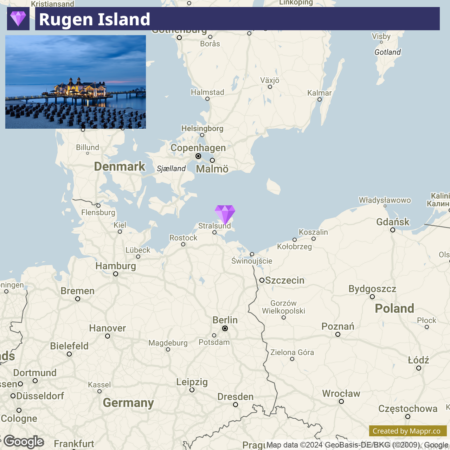 A map highlighting Rügen Island with a tagged location in the Baltic Sea near Stralsund, and an inset image in the upper left corner showing a lit-up pier and building at dusk. Major cities and countries such as Denmark, Germany, and Poland are visible.