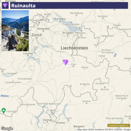 A map featuring part of Central Europe with Switzerland at the center, highlighting cities such as Zurich, Lucerne, and Chur. An inset image in the top left corner shows a scenic view of the Ruinaulta, a canyon in Switzerland. The countries of Liechtenstein and Italy are also partially visible.