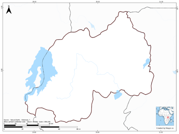 Blank map of Rwanda showing borders and no labels, in color.