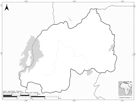 Blank black and white map of Rwanda with borders and no labels.
