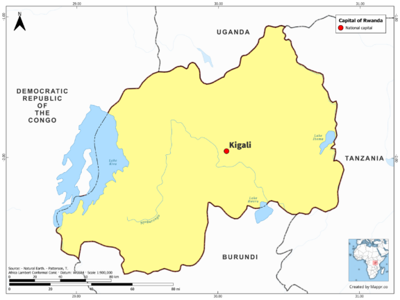Map highlighting Kigali, the capital of Rwanda, with country borders, in color.