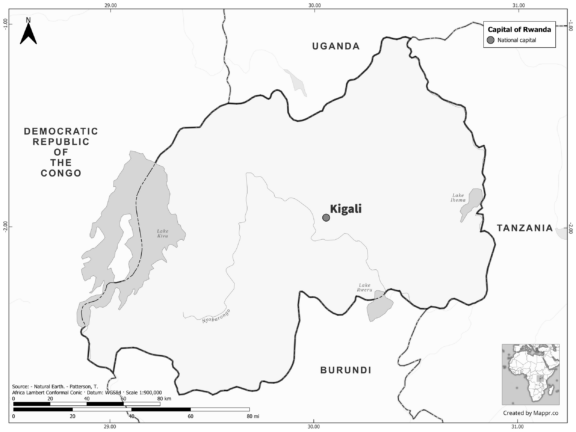 Black and white map highlighting Kigali, the capital of Rwanda.