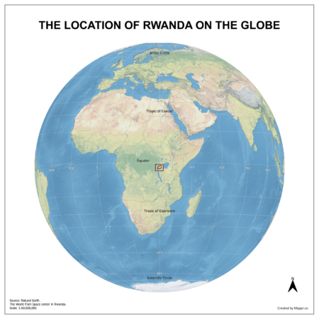 Map showing Rwanda's location on a globe, highlighted in red on the African continent.