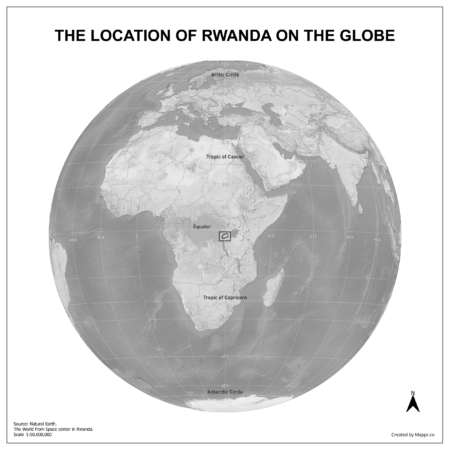 Map showing Rwanda's location on a globe, highlighted in red on the African continent.