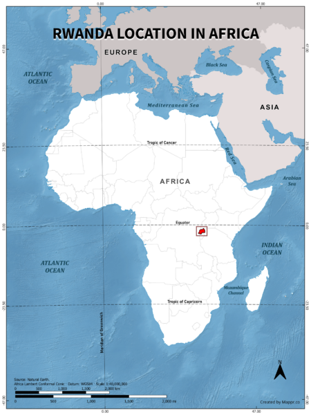 Rwanda location on world map, color version.