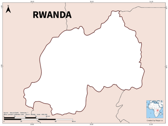 Outline map of Rwanda with country borders in color.