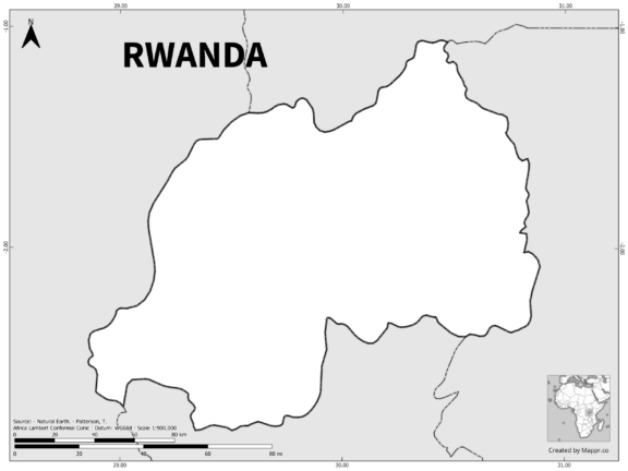 Black and white outline map of Rwanda, showing the country's borders.